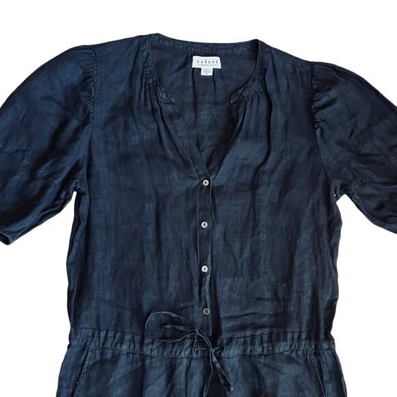Velvet Graham & Spencer Women’s M Black Linen Jumpsuit Short Sleeve Button Front - Picture 4 of 15